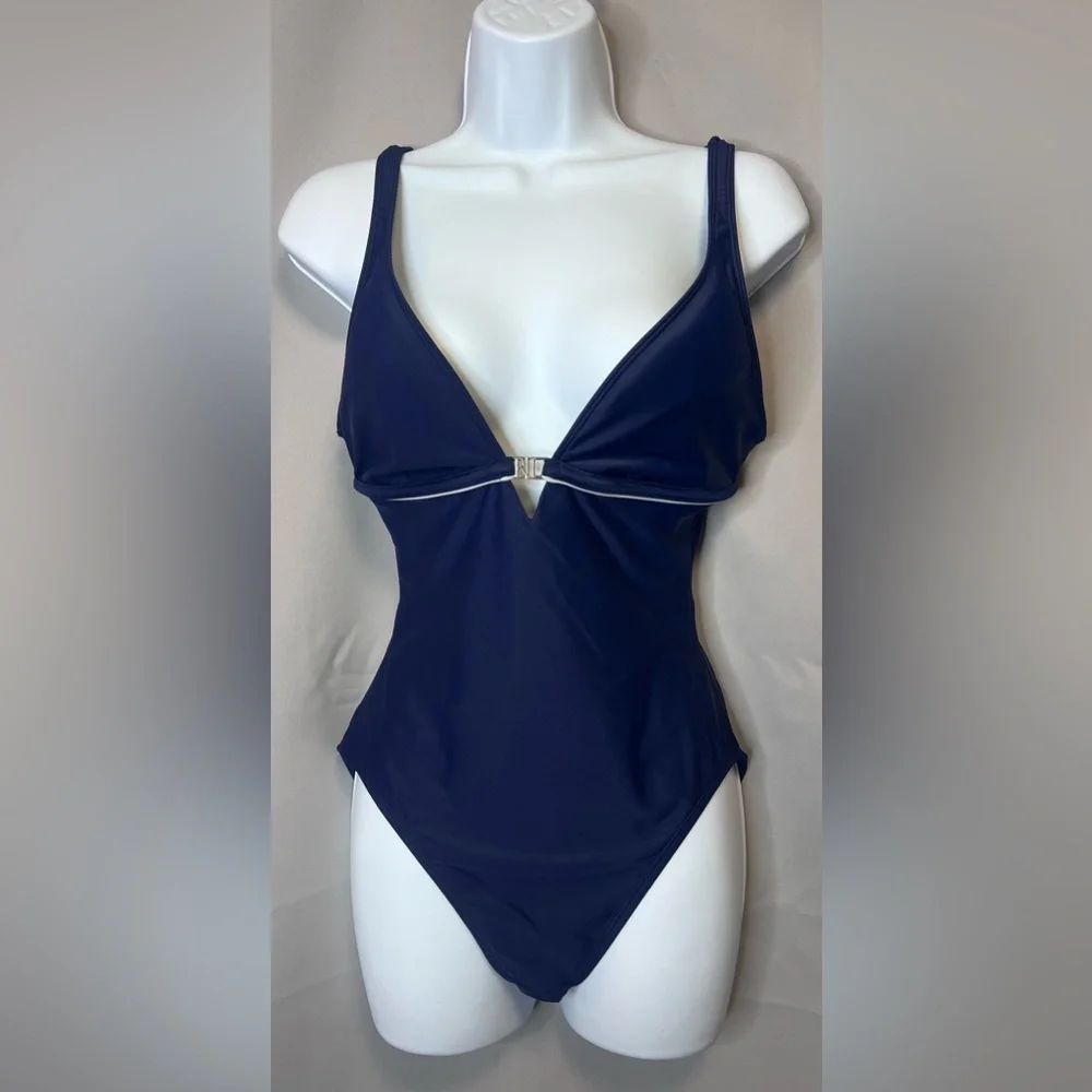 Lauren Ralph Lauren Womens Blue V Neck One Piece Swimsuit Sz 10